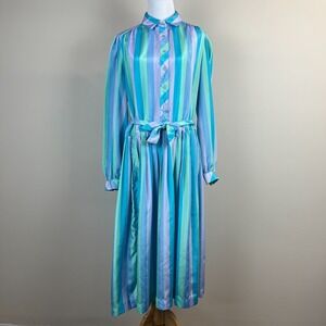 Vintage Schrader Sport Dress Womens 12 Pastel Stripe Midi Satin Belted Pleated